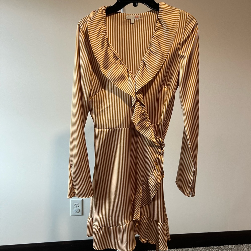 Striped Ruffle Dress - Cream and Brown